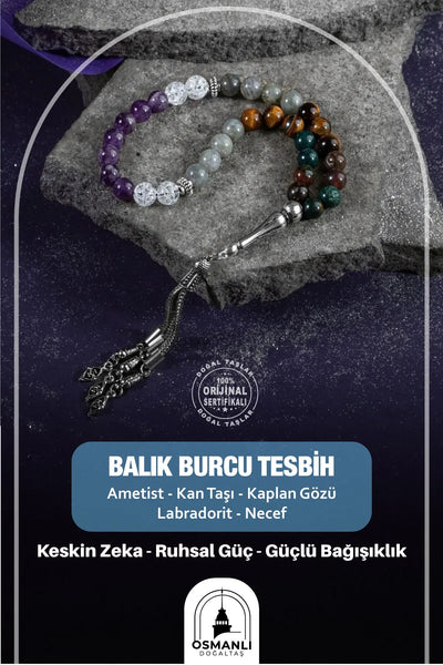 Balık Burcu Tesbih Ametist, Kan Taşı, Kaplan Gözü, Labradorit, Necef
