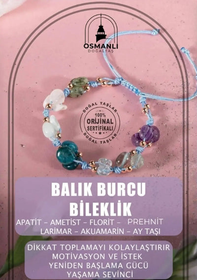 Balık Burcu  DoğalL Taş Bileklik - Akuamarin, Ametist, Ay Taşı, Kiyanit, Mavi Apatit,  Mor Florit, Yeşil Larimar