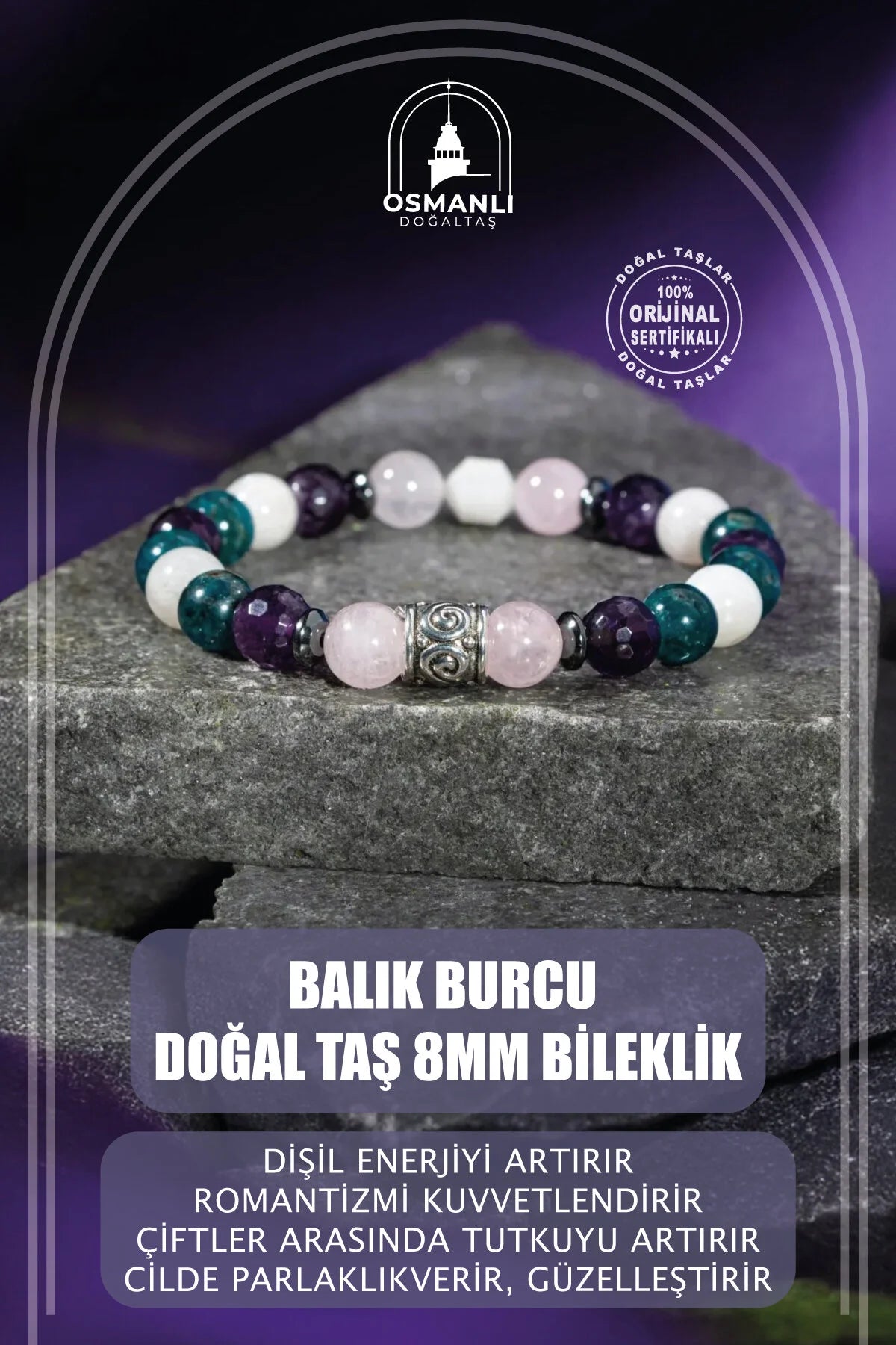 Balık Burcu Bileklik Ametist, Ay Taşı, Mavi Apatit, Pembe Kuvars, Selenit
