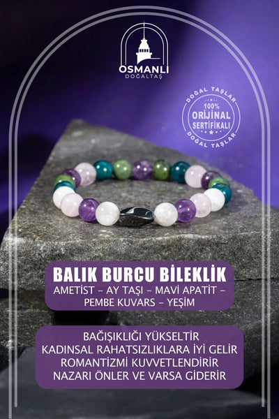 Balık Burcu Bileklik Ametist, Ay Taşı, Mavi Apatit, Pembe Kuvars, Yeşim
