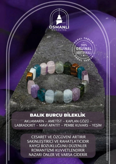 Balık Burcu Bileklik Akuamarin, Ametist, Kaplan Gözü, Labradorit, Mavi Apatit, Pembe Kuvars, Yeşim