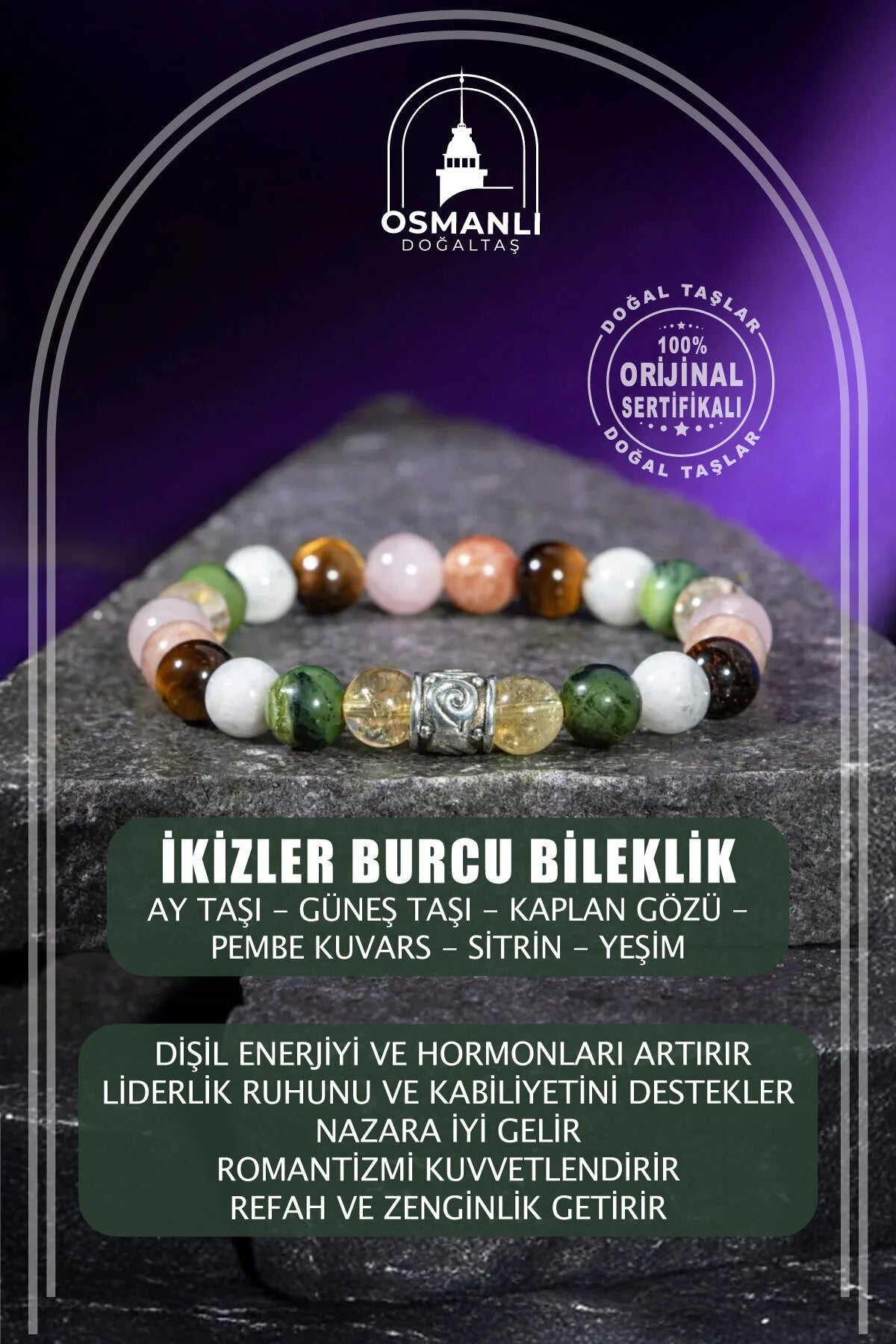 İkizler Burcu Bileklik Ay Taşı, Güneş Taşı, Kaplan Gözü, Pembe Kuvars, Sitrin, Yeşim