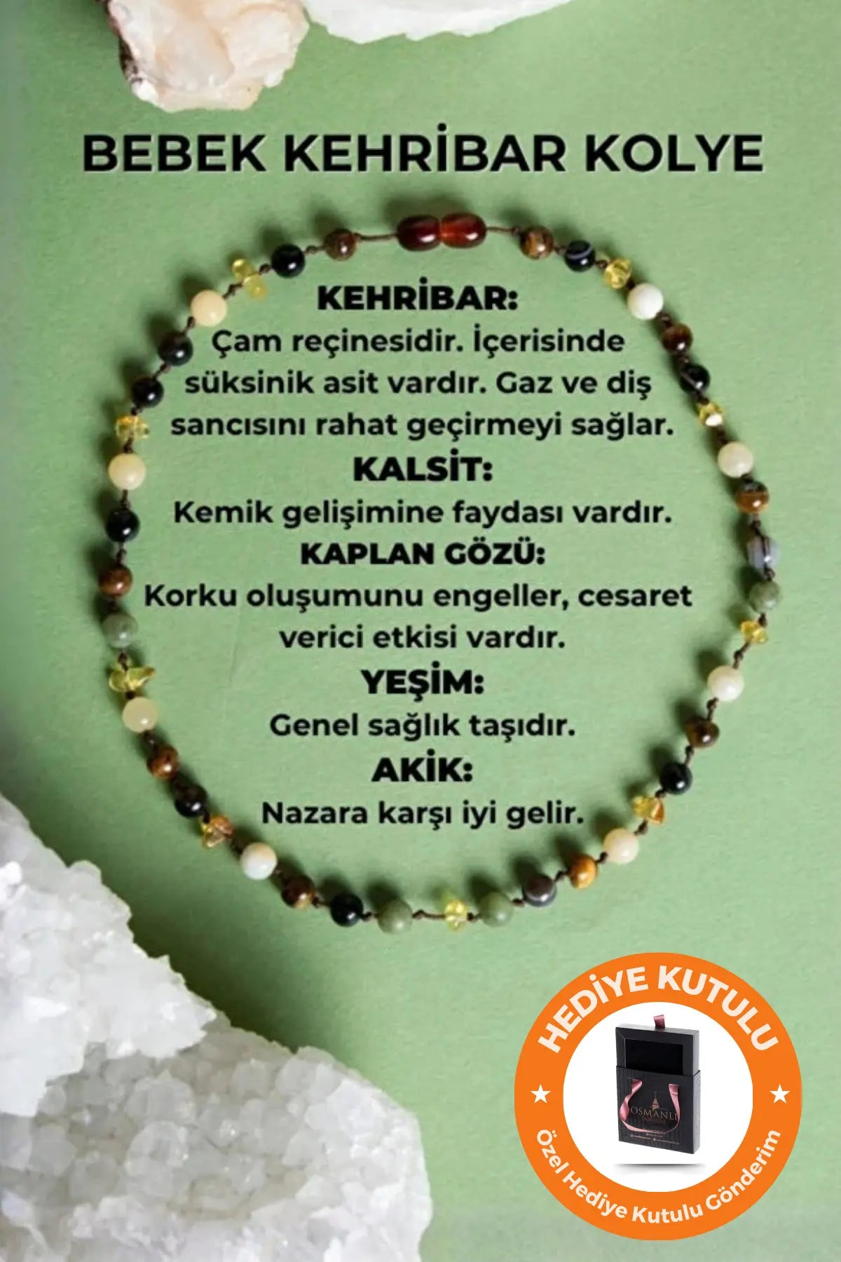 Sertifikalı Bebek Kehribar Kolye Kehribar - Yeşim - Kaplan Gözü - Kahve Göz Akik- Kalsit