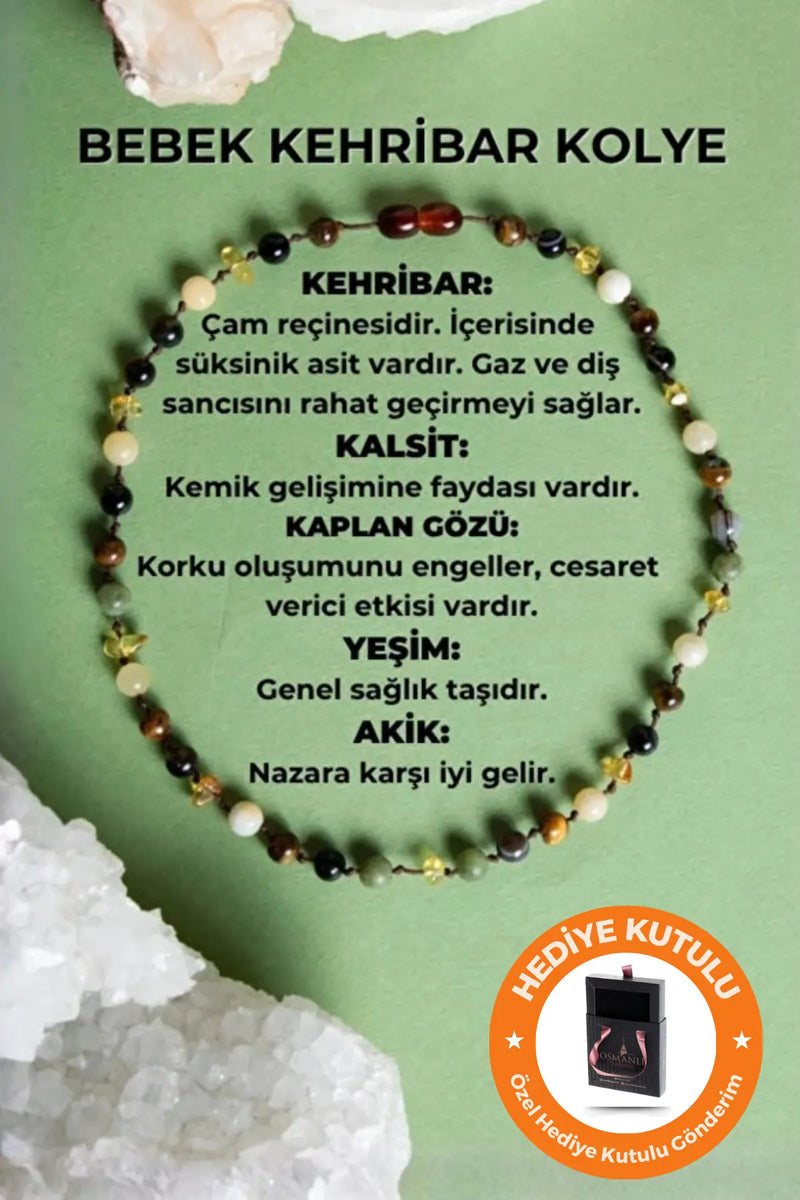Sertifikalı Bebek Kehribar Kolye Kehribar - Yeşim - Kaplan Gözü - Kahve Göz Akik- Kalsit