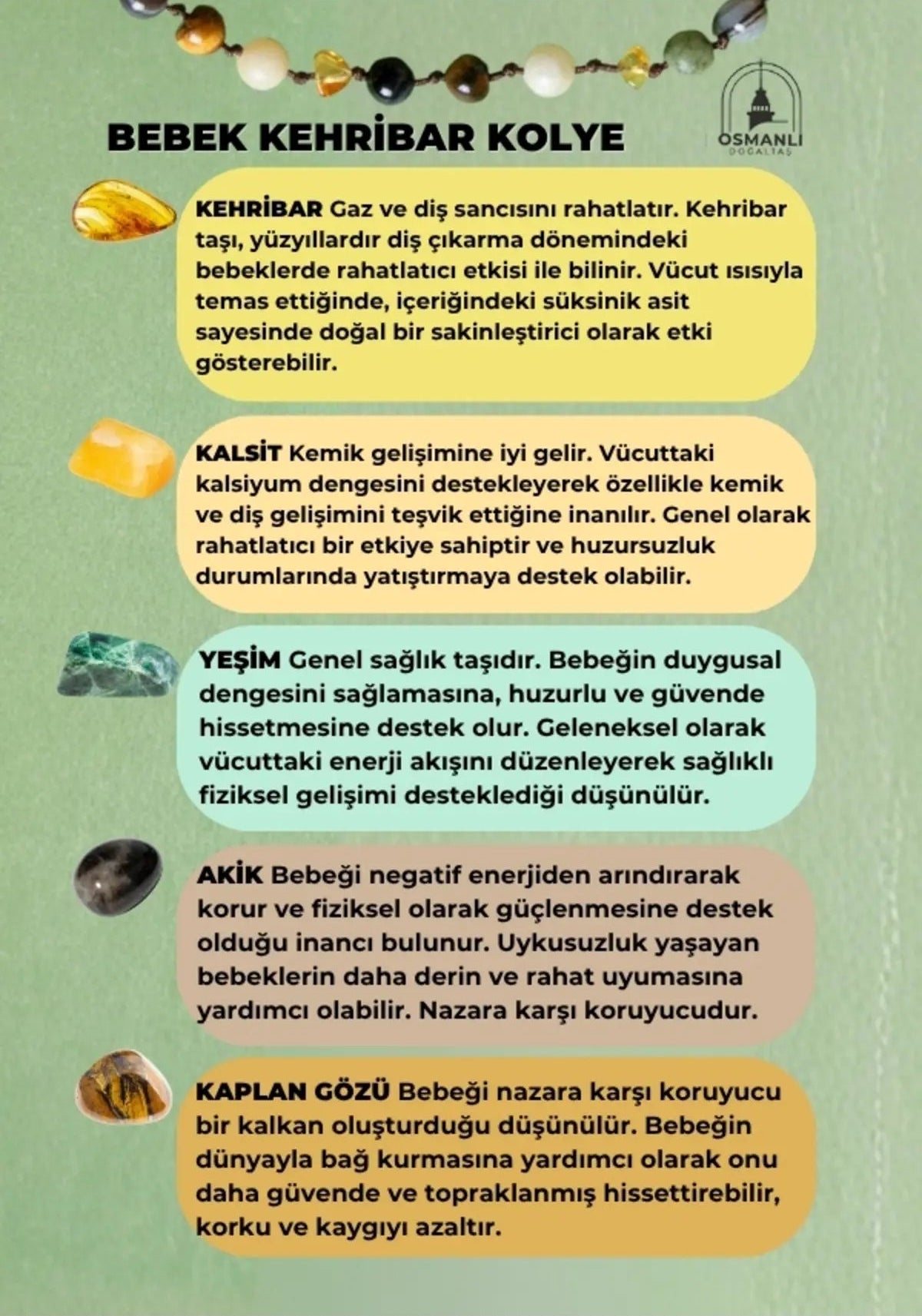 Sertifikalı Bebek Kehribar Kolye Kehribar - Yeşim - Kaplan Gözü - Kahve Göz Akik- Kalsit