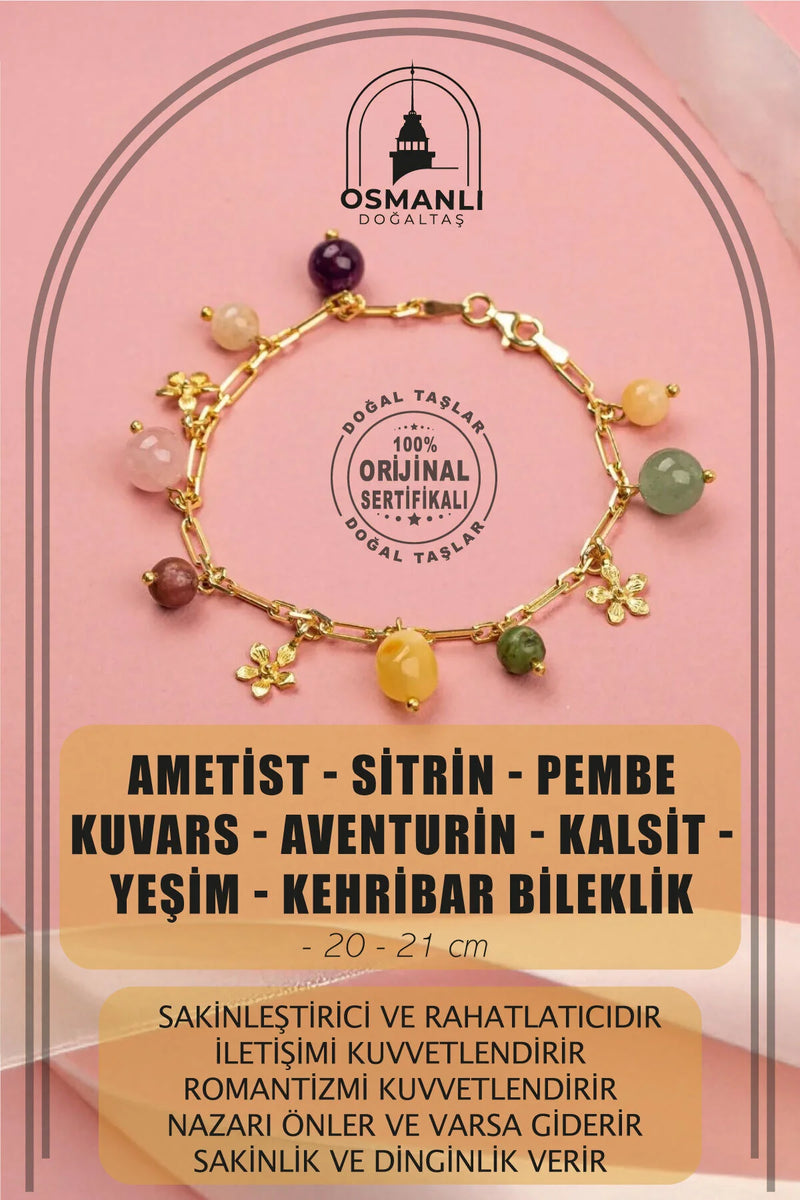 Ametist-Sitrin-Pembe Kuvars-Aventurin-Kalsit-Yeşim-Kehribar Doğal Taş Sarı Gümüş Bileklik