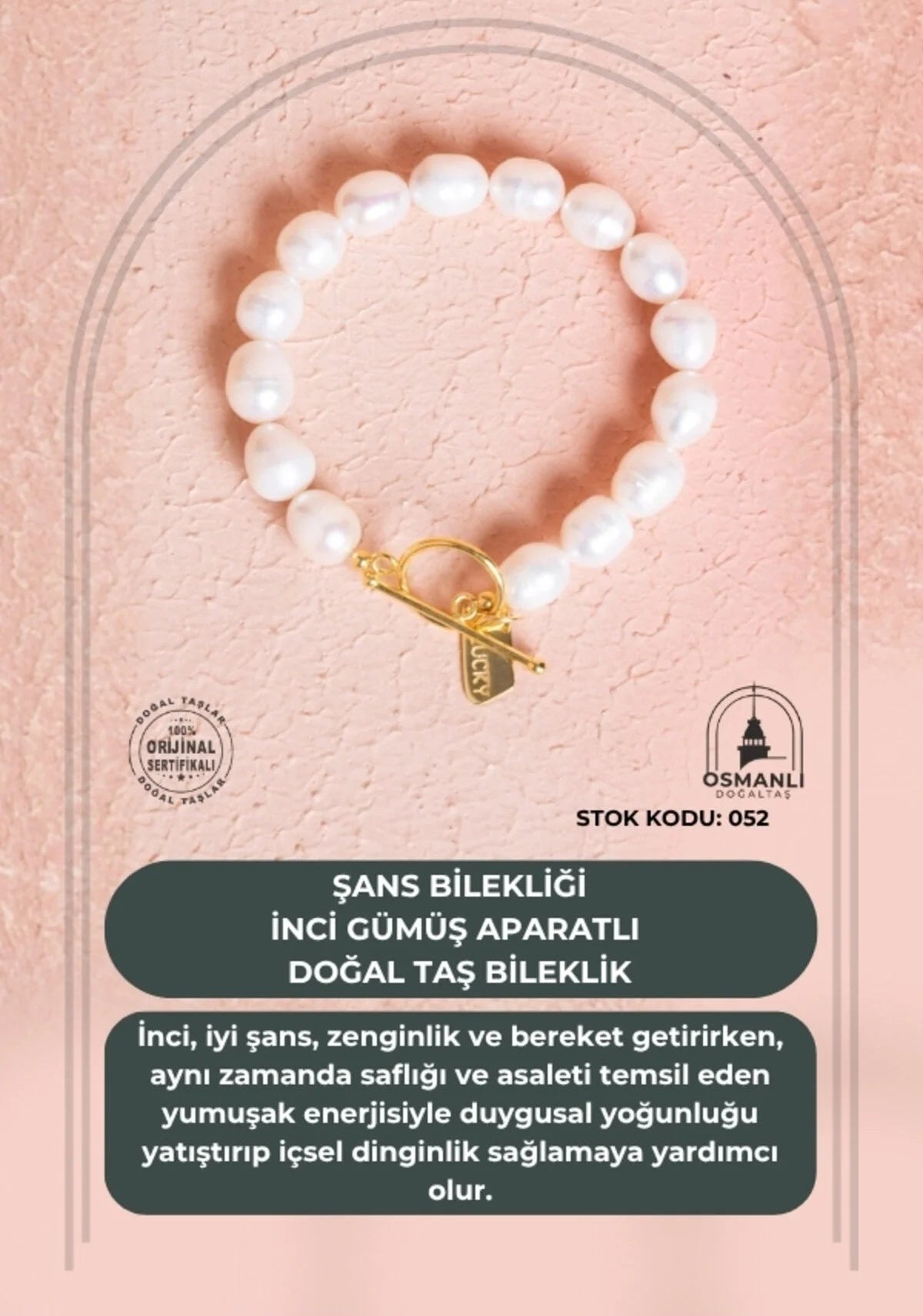Sertifikalı Şans Bilekliği: İnci Gümüş Aparatlı Doğal Taş Bileklik (SK:052)
