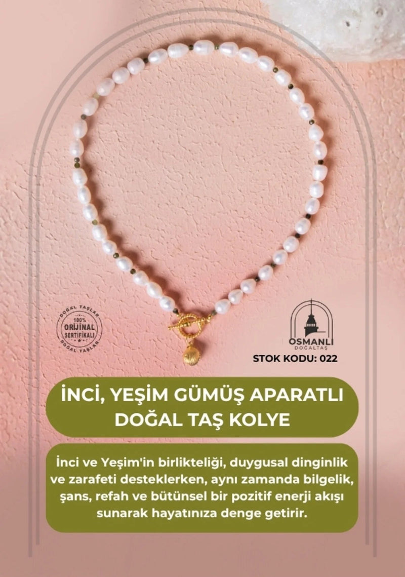 Sertifikalı İnci, Yeşim Gümüş Aparatlı Doğal Taş Kolye (SK:022)