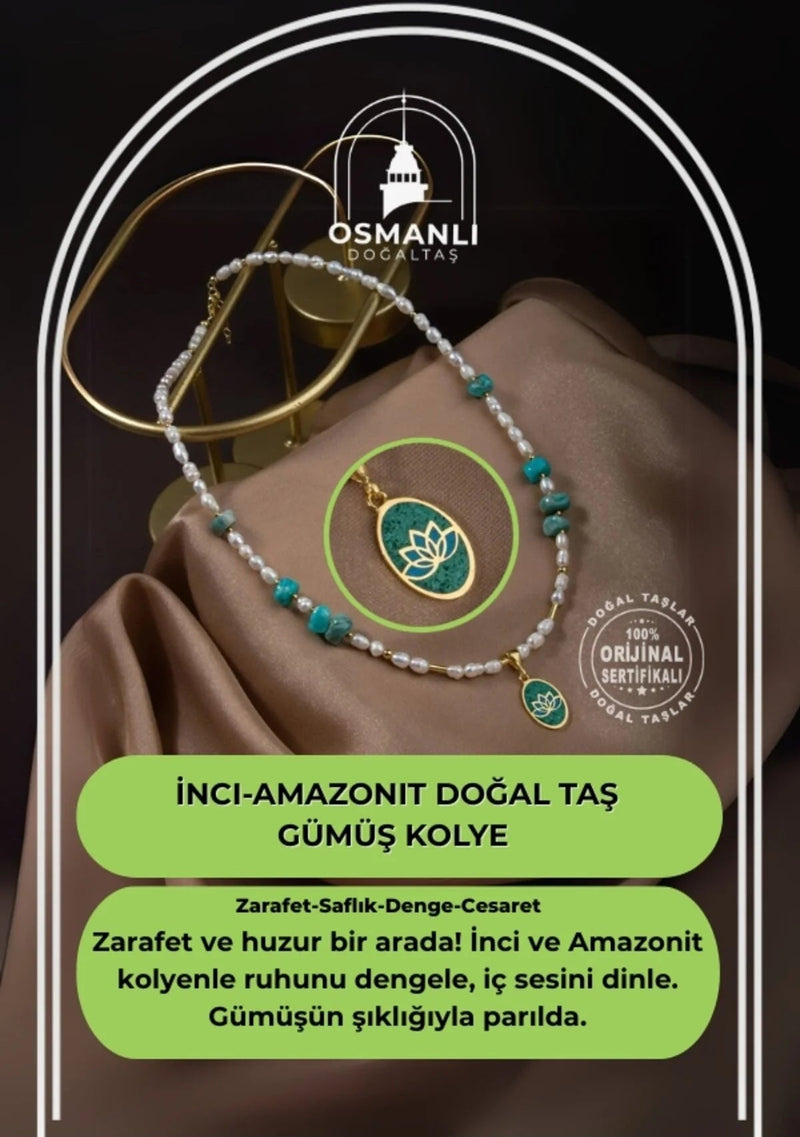 İnci-Amazonit Doğal Taş Gümüş Kolye