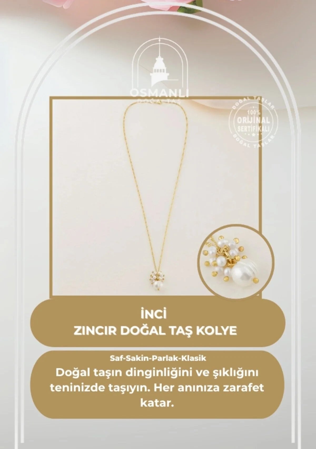 İnci Altın Kaplama Gümüş Zincir Doğal Taş Kolye