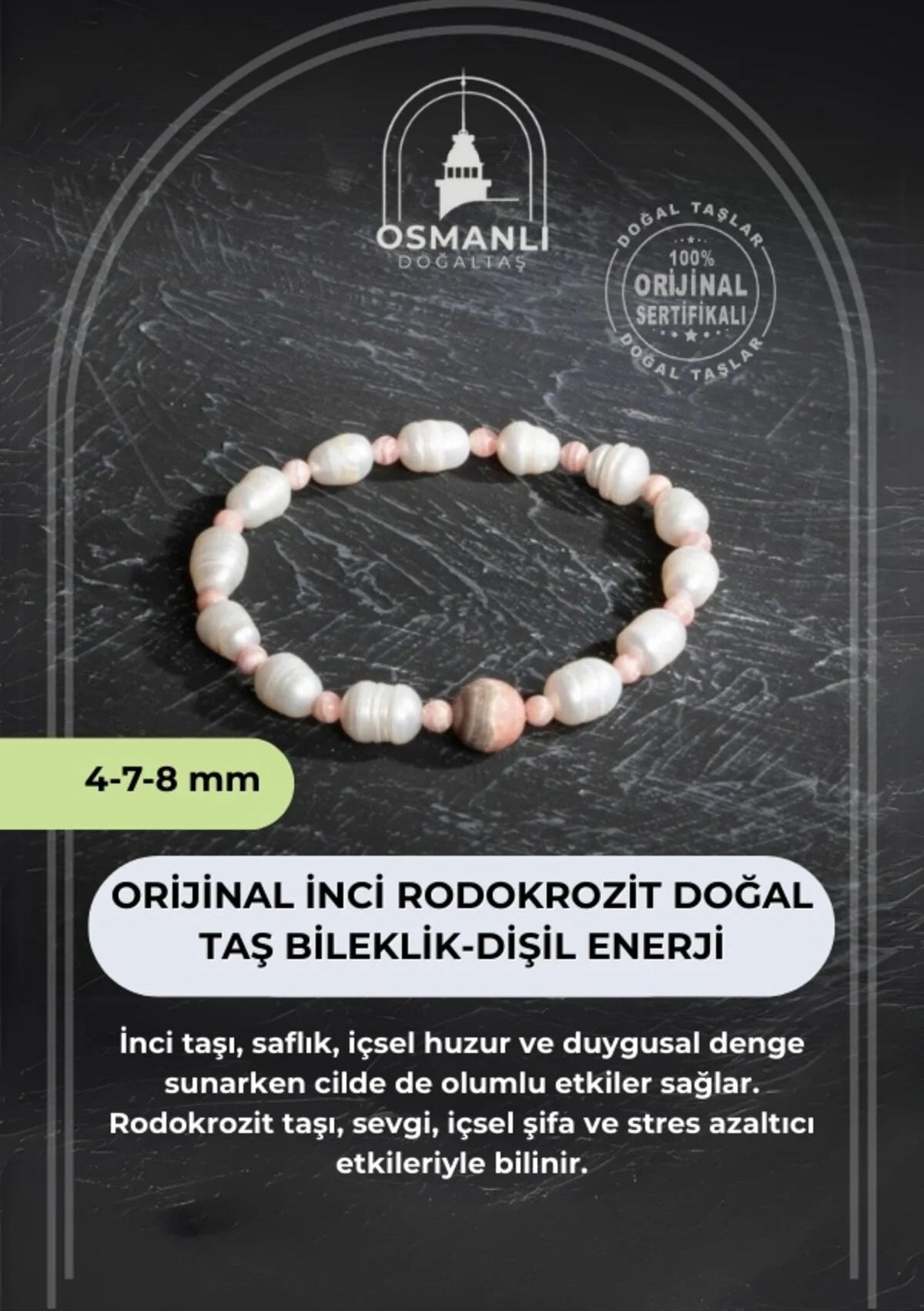 Sertifikalı Orijinal İnci Rodokrozit Doğal Taş Bileklik-Dişil Enerji