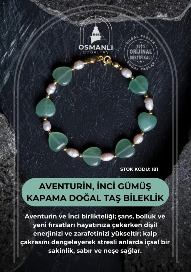 Sertifikalı Aventurin, İnci Gümüş Kapama Doğal Taş Bileklik (SK:181)
