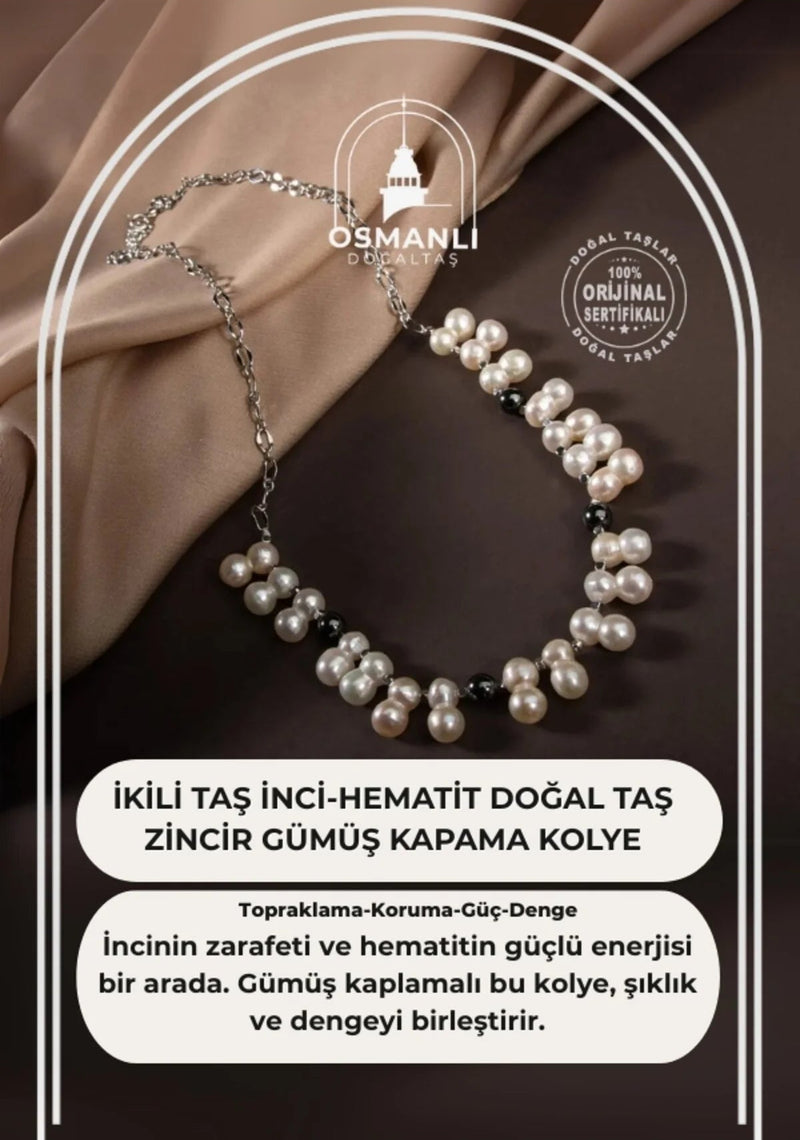 İkili Taş İnci-Hematit Doğal Taş Zincir Gümüş Kapama Kolye