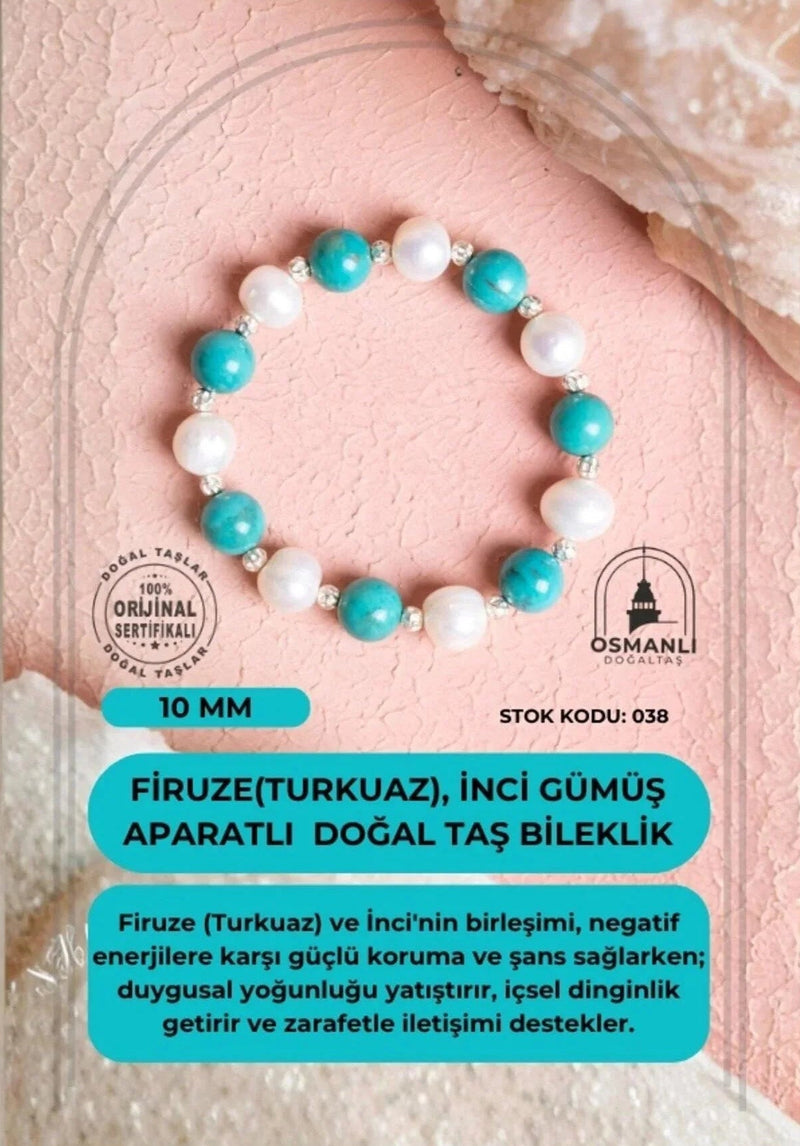 Sertifikalı Firuze (Turkuaz), İnci Gümüş Aparatlı Doğal Taş Bileklik(SK:038)