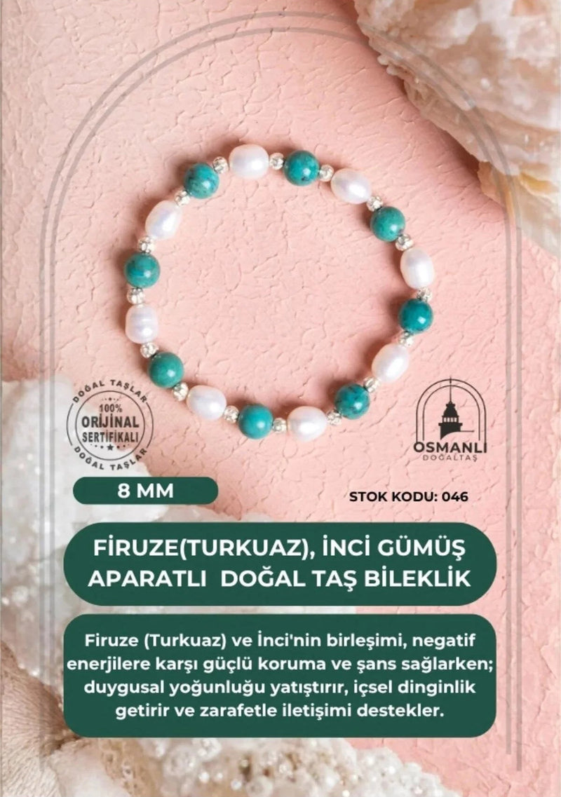 Sertifikalı Firuze (Turkuaz), İnci Gümüş Aparatlı Doğal Taş Bileklik(SK:046)