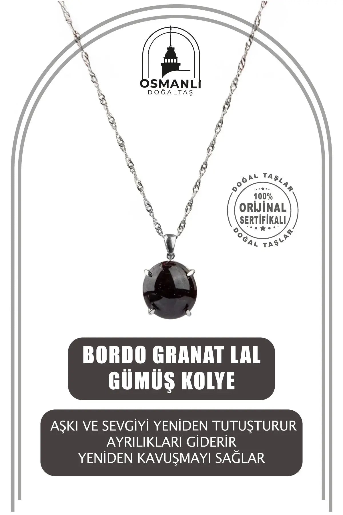 Bordo Granat Lal Doğal Taş Gümüş Zincir Kolye