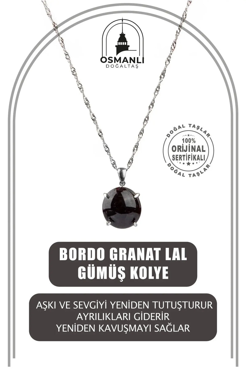 Bordo Granat Lal Doğal Taş Gümüş Zincir Kolye