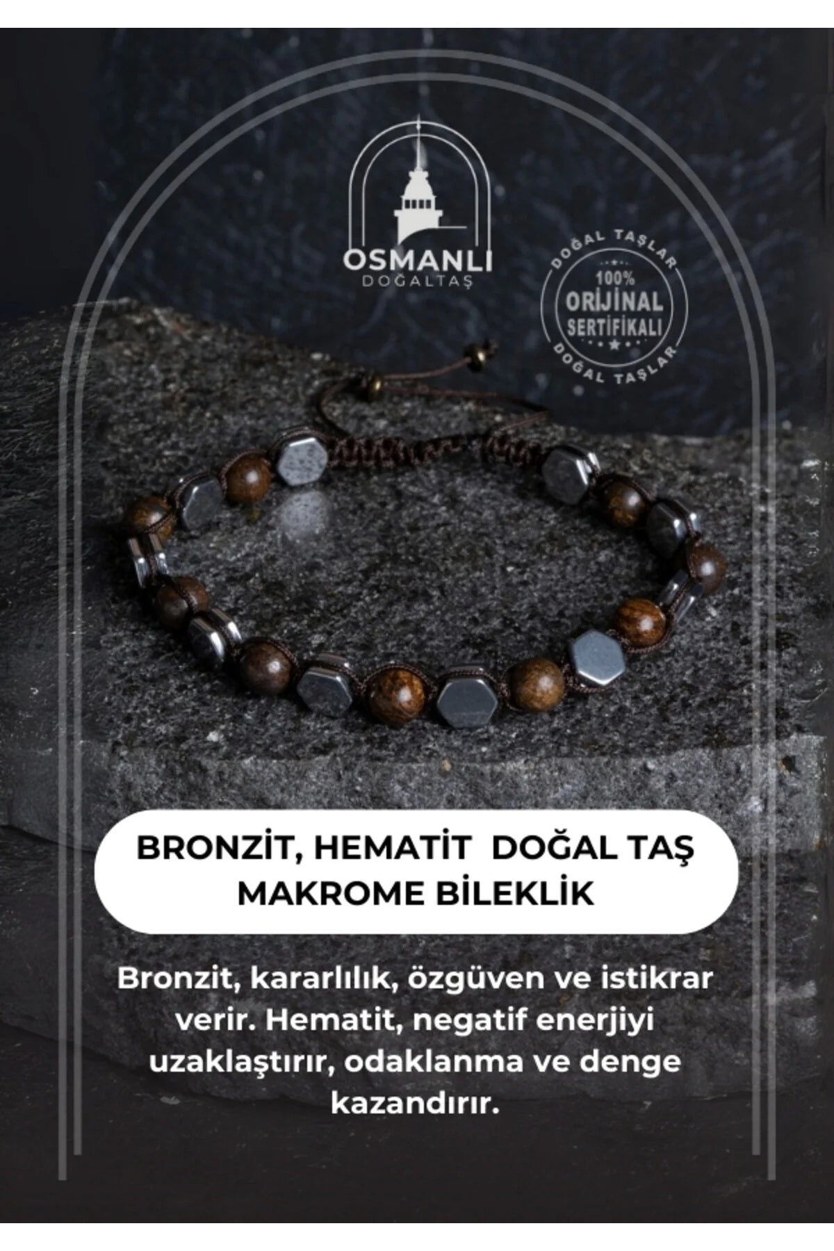 Sertifikalı Bronzit, Hematit Doğal Taş Makrome Bileklik