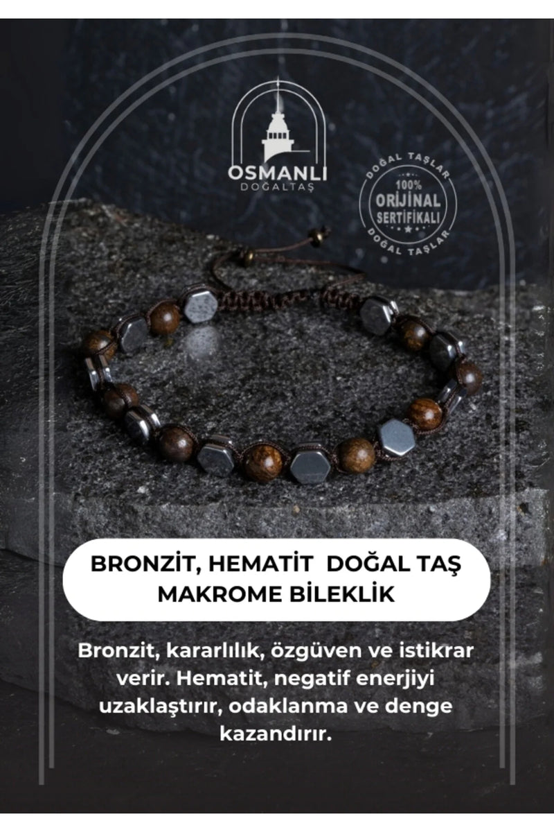Sertifikalı Bronzit, Hematit Doğal Taş Makrome Bileklik
