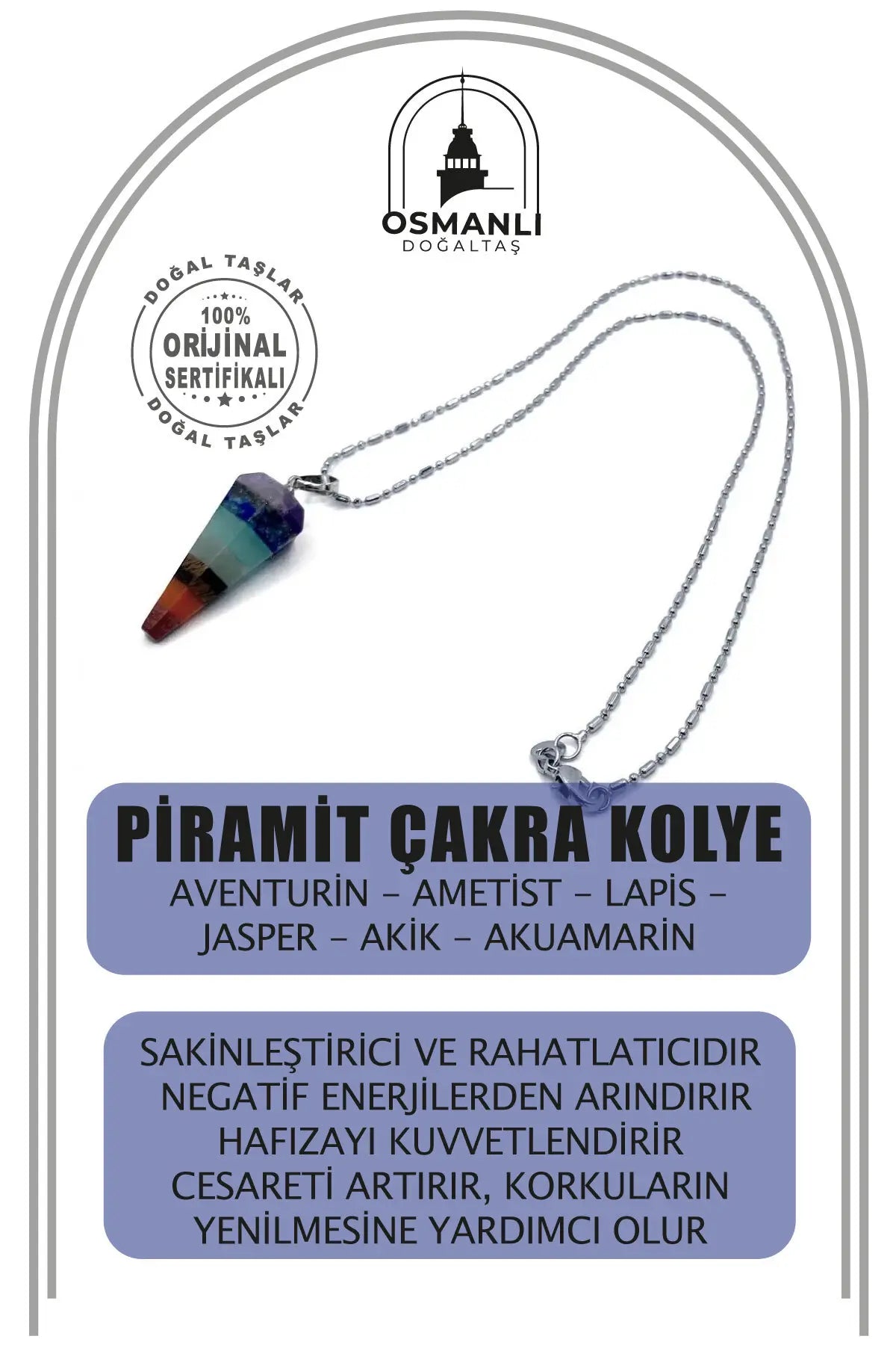 Piramit Çakra Doğal Taş Kolye Ucu Aventurin Ametist Lapis Jasper Akik Akuamarin (Çelik Zincir İle)