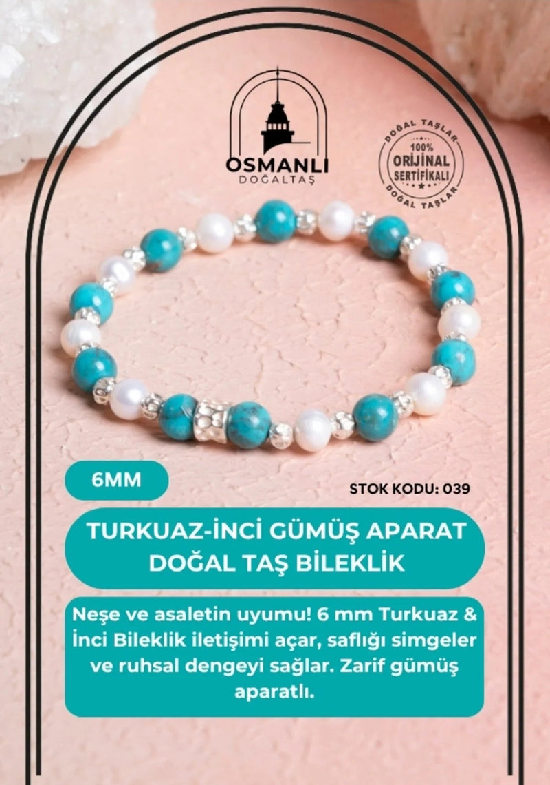 Sertifikalı Turkuaz Gümüş Aparatlı Doğal Taş Bileklik 039