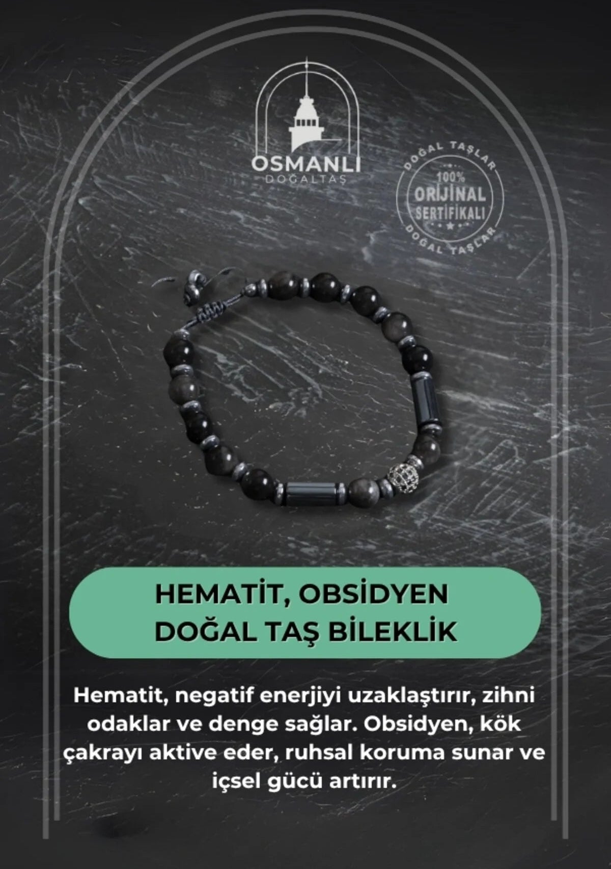 Sertifikalı Hematit ve Obsidyen Doğal Taş Bileklik