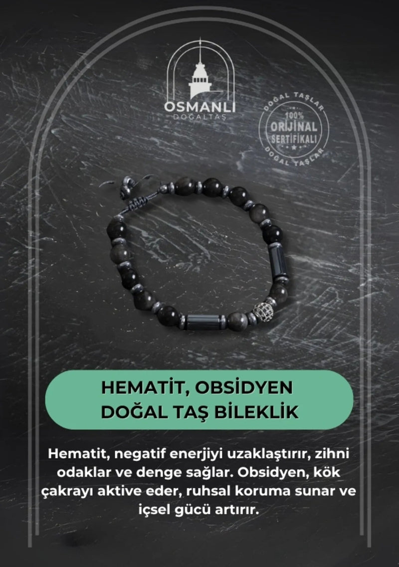 Sertifikalı Hematit ve Obsidyen Doğal Taş Bileklik