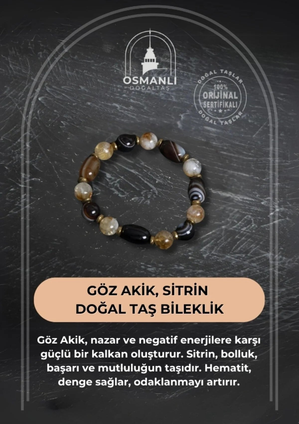 Sertifikalı Göz Akik ve Sitrin Doğal Taş Bileklik
