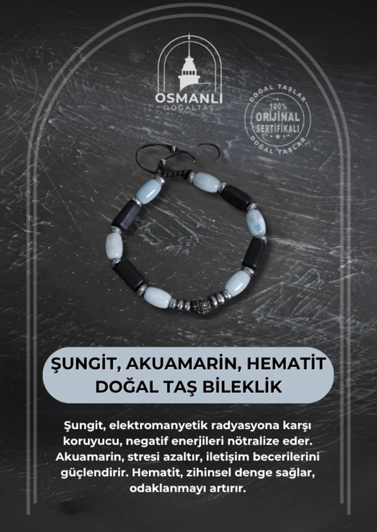 Sertifikalı Şungit, Akuamarin ve Hematit Doğal Taş Bileklik