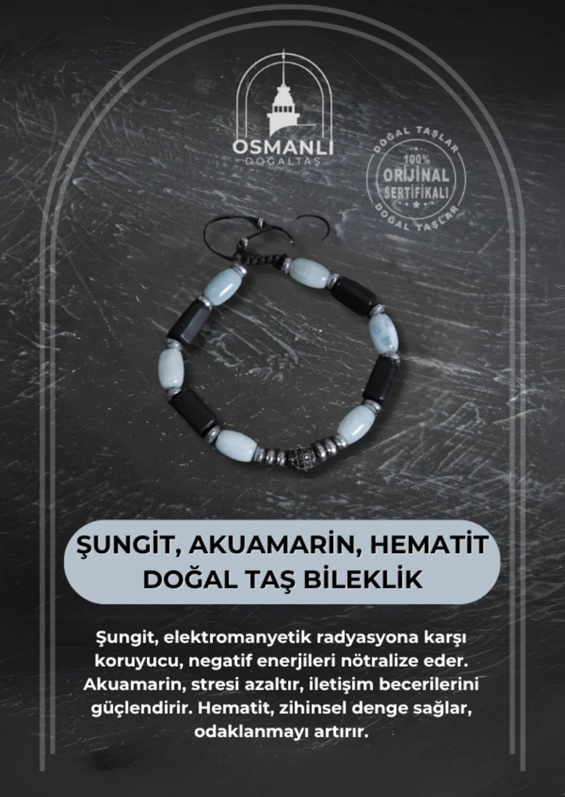 Sertifikalı Şungit, Akuamarin ve Hematit Doğal Taş Bileklik