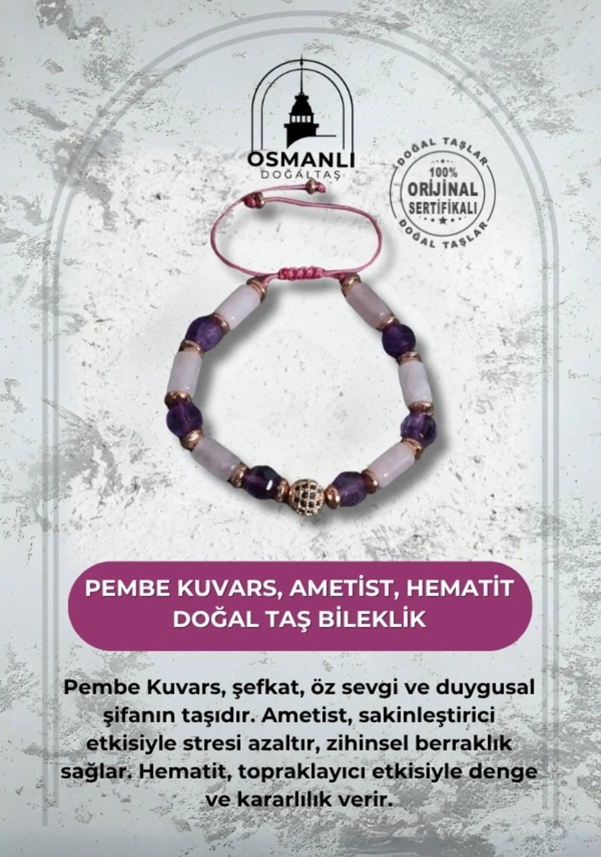 Sertifikalı Pembe Kuvars Ametist ve Hematit Bileklik