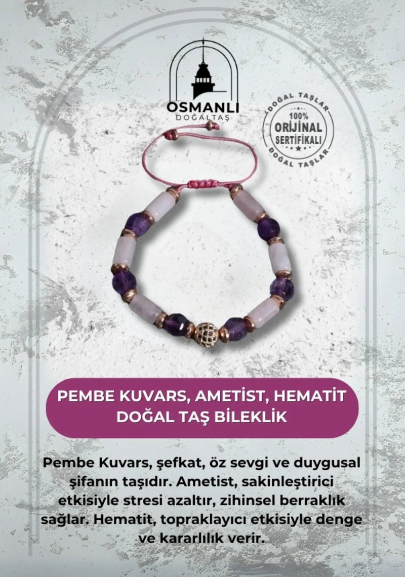 Sertifikalı Pembe Kuvars Ametist ve Hematit Bileklik