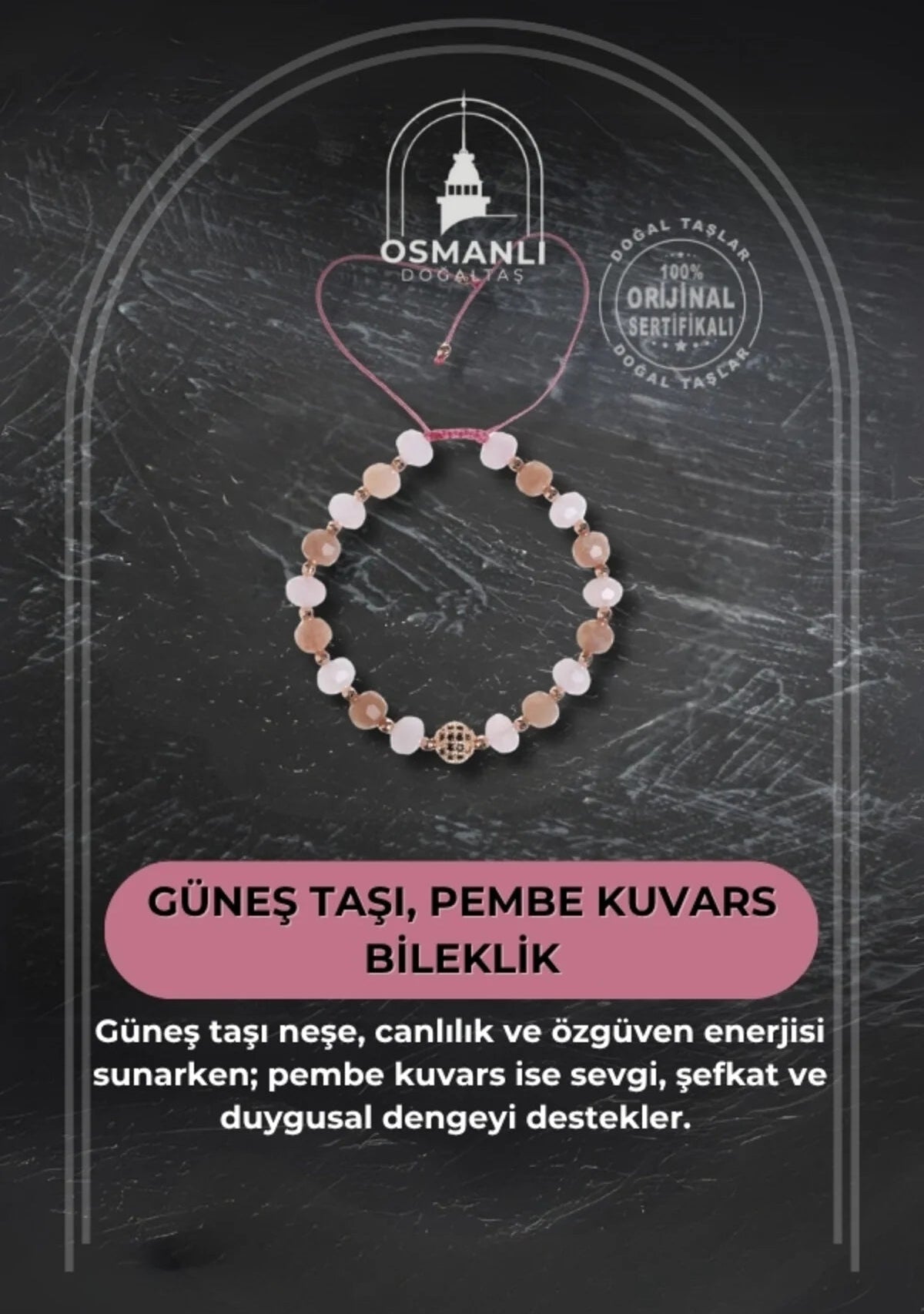 Sertifikalı Güneş Taşı ve Pembe Kuvars Bileklik