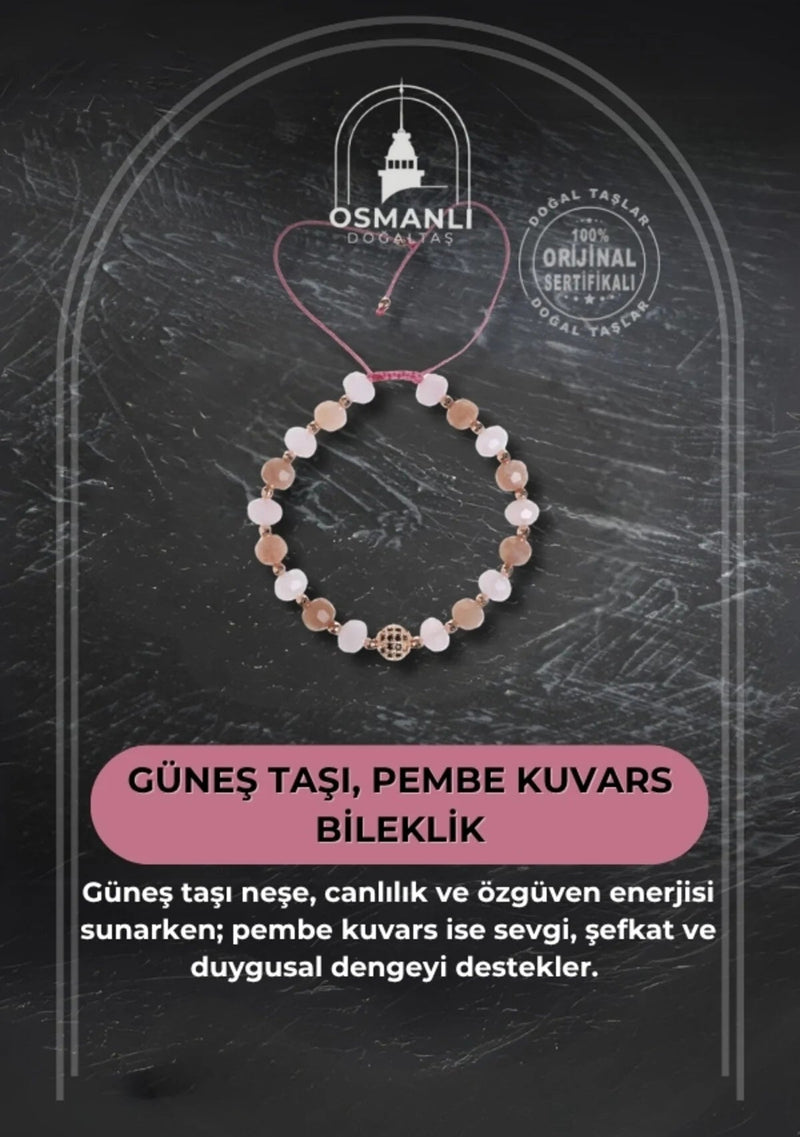 Sertifikalı Güneş Taşı ve Pembe Kuvars Bileklik