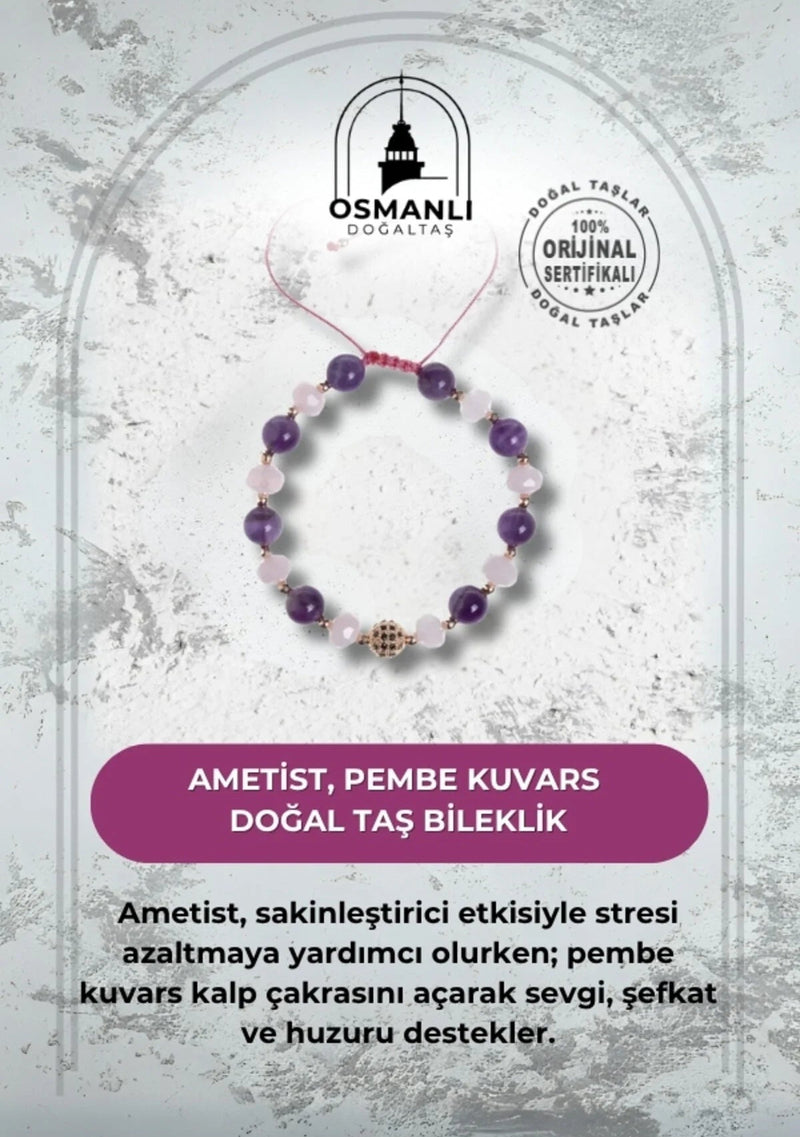 Sertifikalı Ametist ve Pembe Kuvars Doğaltaş Bileklik