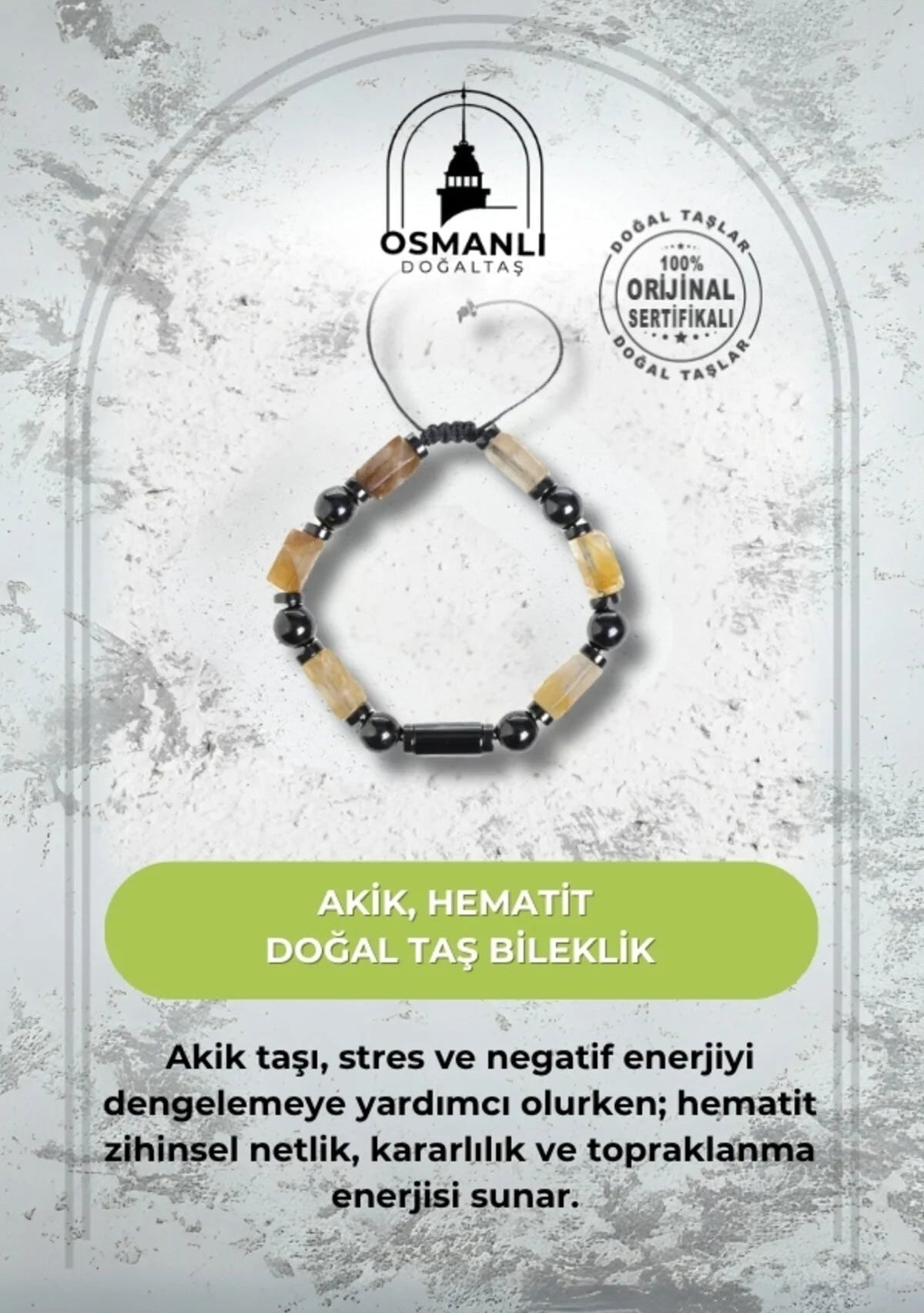 Sertifikalı Akik ve Hematit Doğaltaş Bileklik