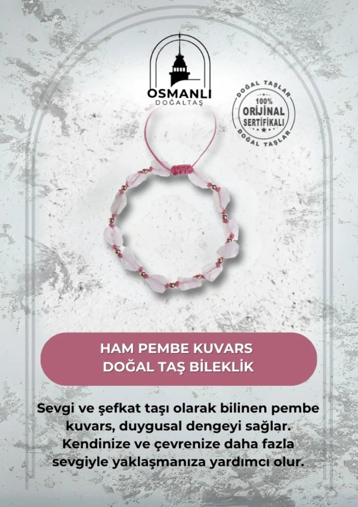 Sertifikalı Ham Pembe Kuvars Doğaltaş Bileklik