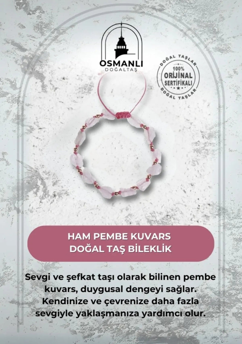 Sertifikalı Ham Pembe Kuvars Doğaltaş Bileklik