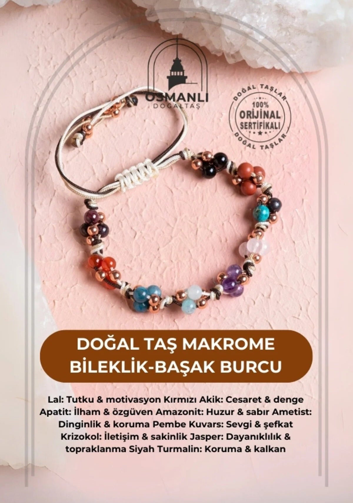 Sertifikalı Doğal Taş Makrome Bileklik-Başak Burcu