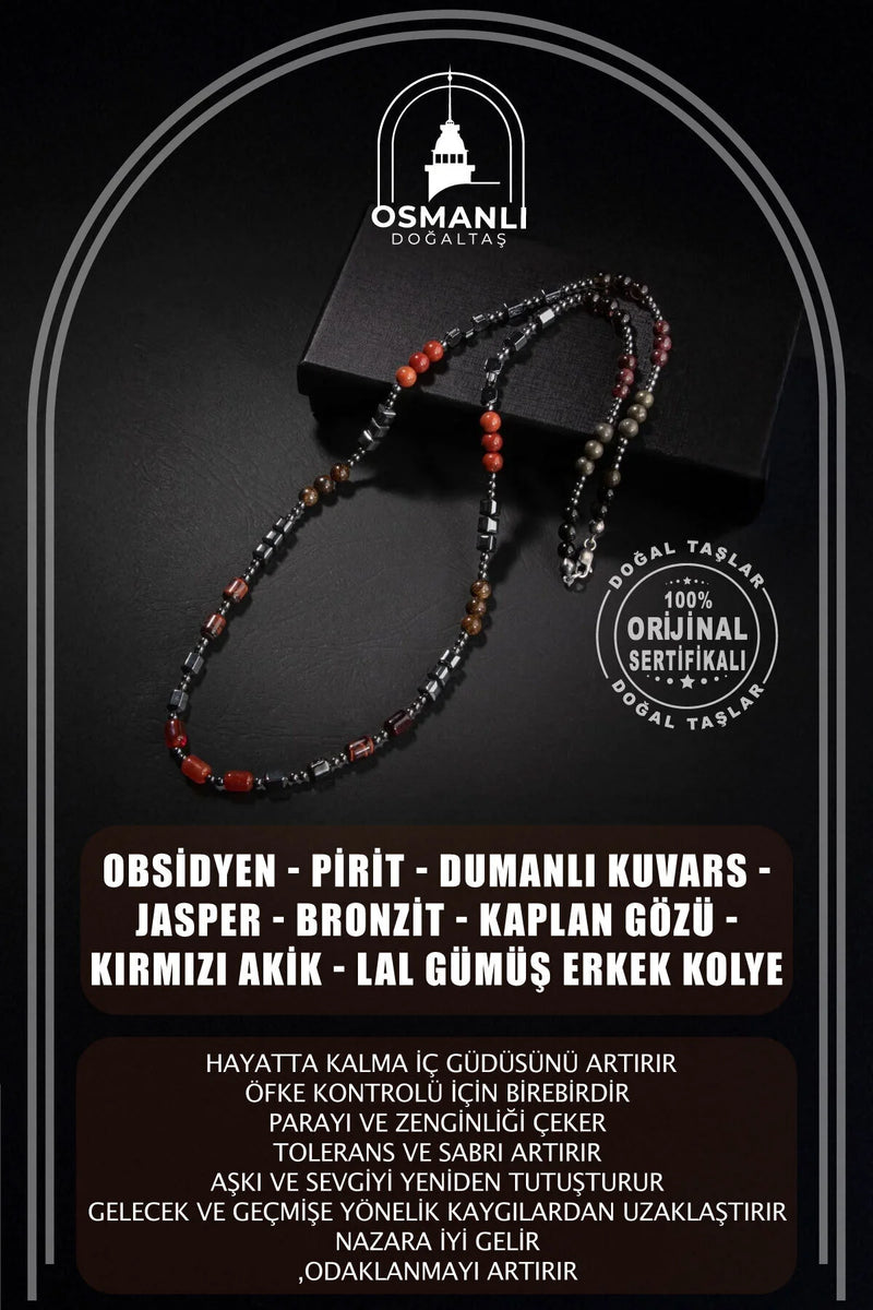 Obsidyen-Pirit-Dumanlı Kuvars-Jasper-Bronzit-Kaplan Gözü-Kırmızı Akik-Lal Taşı-Hematit Doğal Taş Erkek Tasarım Kolye
