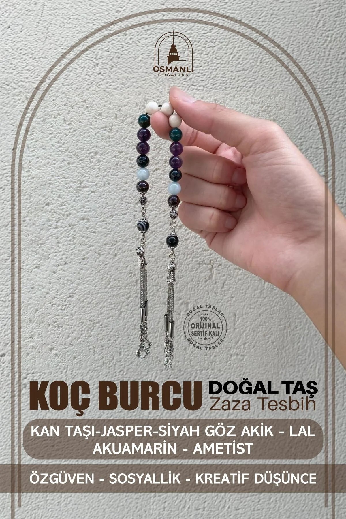 Koç Burcu Zaza Tesbih Doğal Taş Akuamarin, Ametist, Bordo Granat Lal, Kan Taşı, Sarı Jasper, Siyah Göz Akik