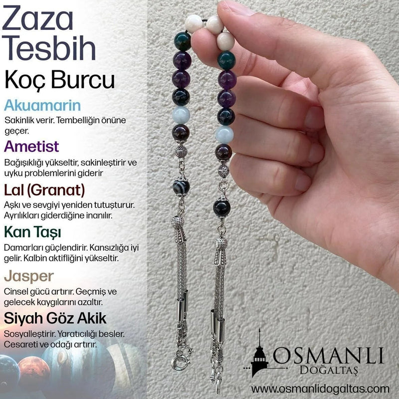 Koç Burcu Zaza Tesbih Doğal Taş Akuamarin, Ametist, Bordo Granat Lal, Kan Taşı, Sarı Jasper, Siyah Göz Akik