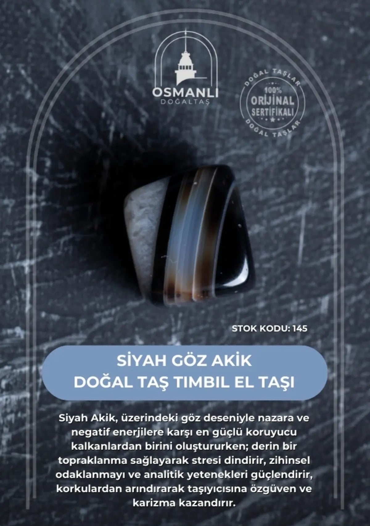 Sertifikalı Siyah Göz Akik Doğal Taş Tımbıl El Taşı (SK:145)