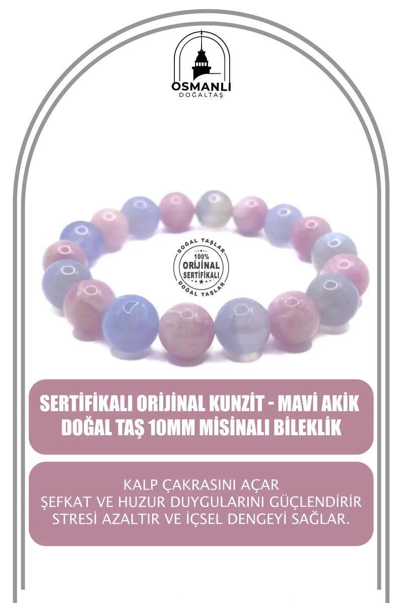 Sertifikalı Hakiki Orijinal Kunzit - Mavi Akik Doğal Taş 10mm Misinalı Bileklik