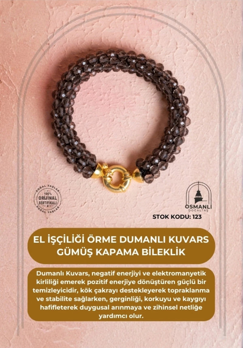 Sertifikalı El İşçiliği Örme Dumanlı Kuvars Gümüş Kapama Bileklik (SK:123)