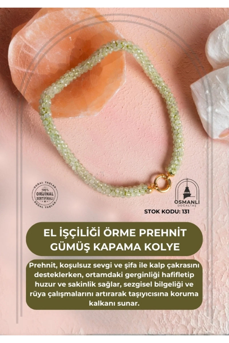 Sertifikalı El İşçiliği Örme Prehnit Gümüş Kapama Kolye (SK:131)