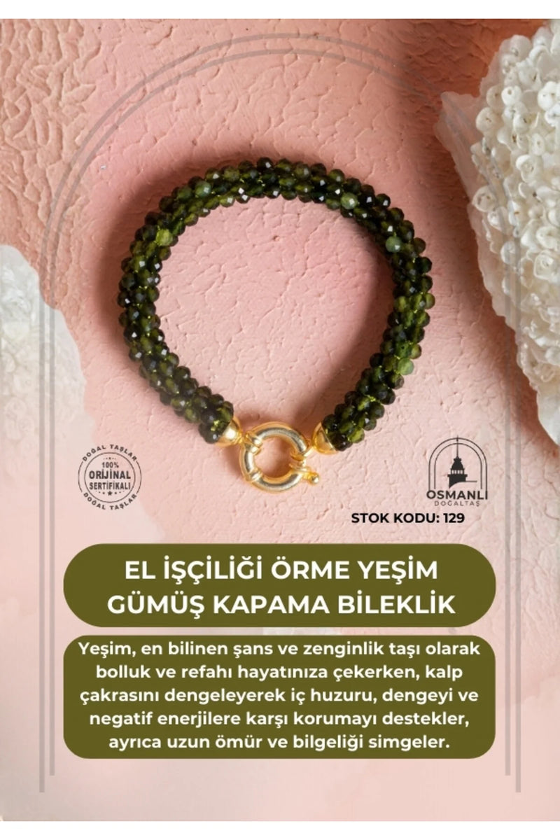Sertifikalı El İşçiliği Örme Yeşim Gümüş Kapama Bileklik (SK:129)