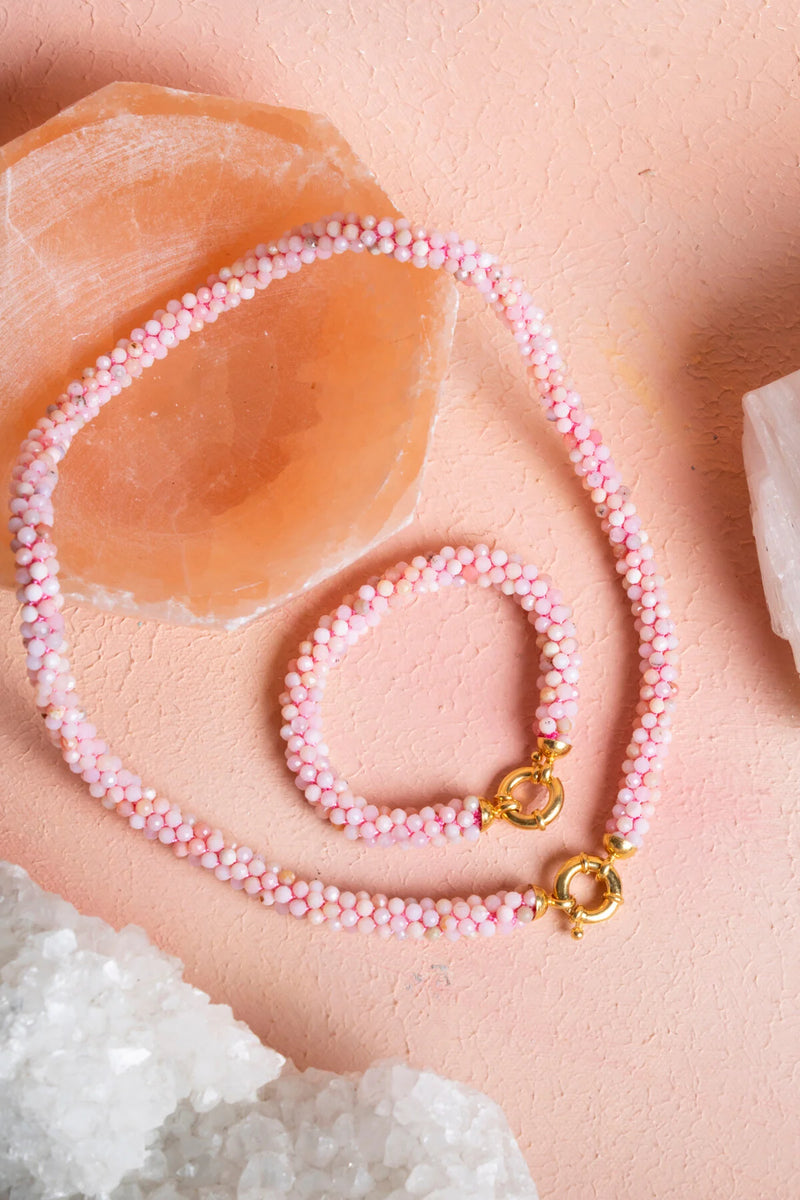 Sertifikalı El İşçiliği Örme Pembe Opal Gümüş Kapama Set (SK:106)