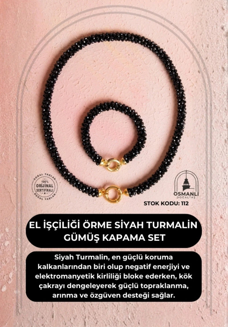 Sertifikalı El İşçiliği Örme Siyah Turmalin Kapama Set (SK:112)