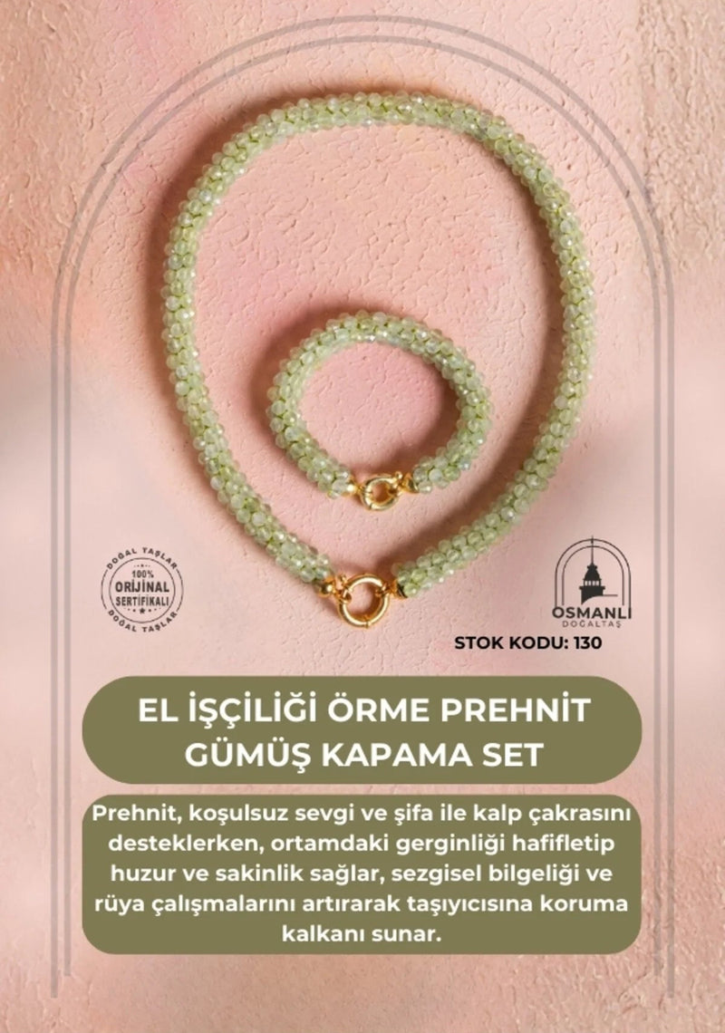 Sertifikalı El İşçiliği Örme Prehnit Gümüş Kapama Set (SK:130)